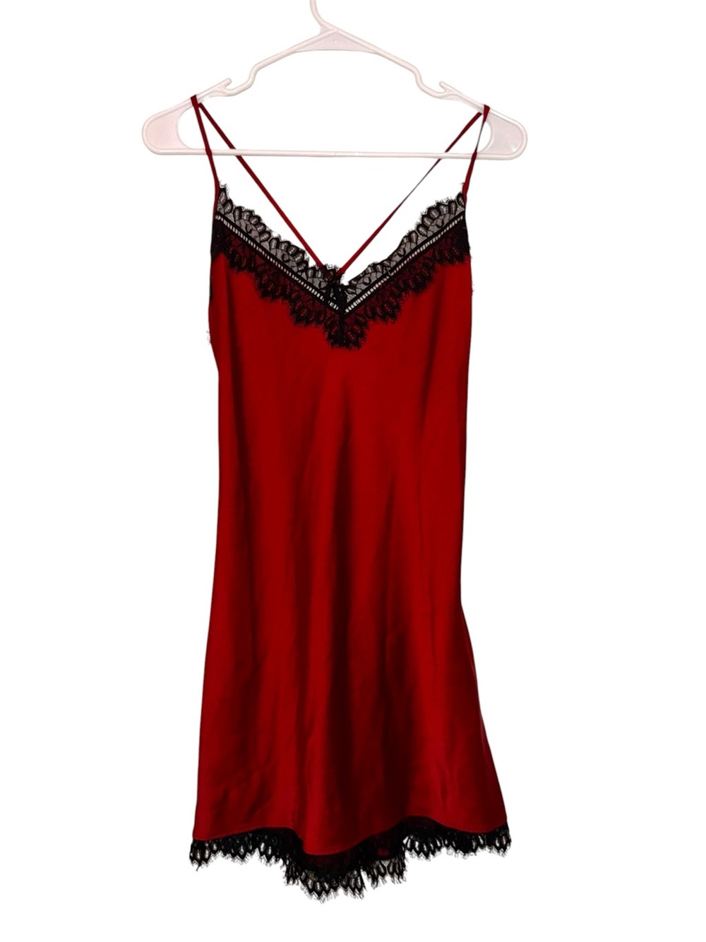 Josie by Natori Red Satin & Black Lace Chemise Slip Dress Small